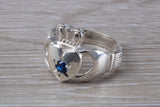 Very large and very heavy stone set Claddagh ring, set with Sapphire Blue C Z, solid silver, suitable for ladies or gents