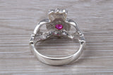 Very large and very heavy stone set Claddagh ring, set with Ruby Red C Z, solid silver, suitable for ladies or gents