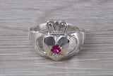 Very large and very heavy stone set Claddagh ring, set with Ruby Red C Z, solid silver, suitable for ladies or gents
