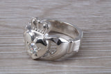 Very large and very heavy stone set Claddagh ring, set with Diamond White C Z, solid silver, suitable for ladies or gents