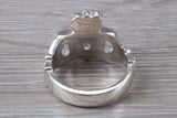 Very large and very heavy stone set Claddagh ring, set with Diamond White C Z, solid silver, suitable for ladies or gents
