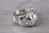 Very large and very heavy stone set Claddagh ring, set with Diamond White C Z, solid silver, suitable for ladies or gents
