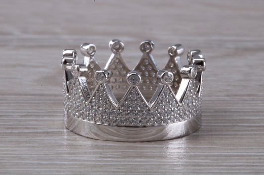 Crown ring, C Z set in solid sterling silver and further rhodium plated for that platinum look