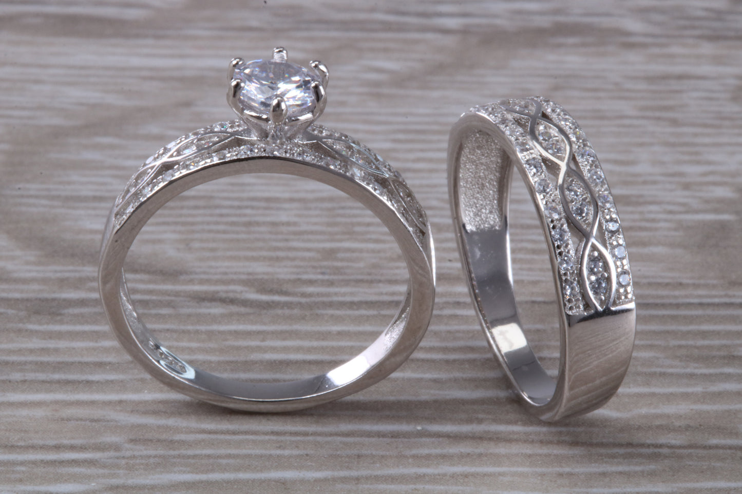 Diamond look Bridal rings set, C Z set in sterling silver and further rhodium plated for that platinum look, engagement and wedding ring set