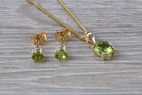 Real Peridot Earrings and Necklace Set, Solid 9ct Yellow Gold