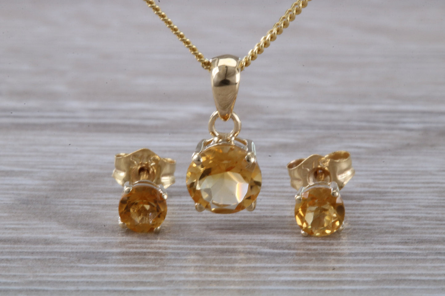 Real Citrine Earrings and Necklace Set, Solid 9ct Yellow Gold