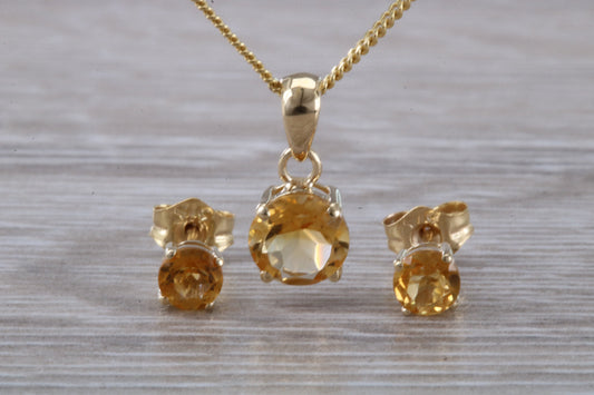 Real Citrine Earrings and Necklace Set, Solid 9ct Yellow Gold