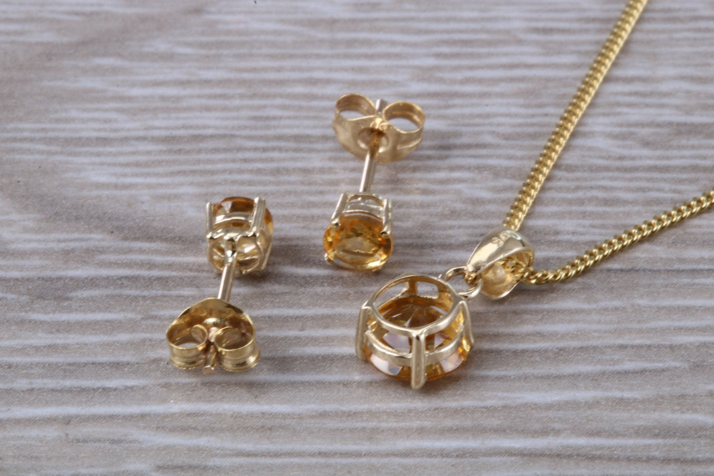 Real Citrine Earrings and Necklace Set, Solid 9ct Yellow Gold