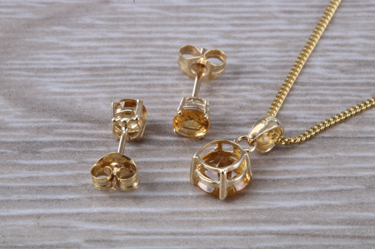 Real Citrine Earrings and Necklace Set, Solid 9ct Yellow Gold