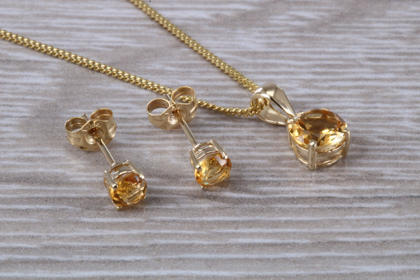 Real Citrine Earrings and Necklace Set, Solid 9ct Yellow Gold
