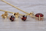 Real Garnet Earrings and Necklace Set, Solid 9ct Yellow Gold