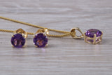 Real Amethyst Earrings and Necklace Set, Solid 9ct Yellow Gold