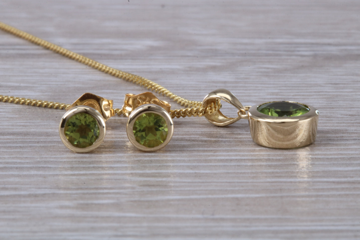 Real Peridot Earrings and Necklace Set, Solid 9ct Yellow Gold