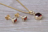 Real Garnet Earrings and Necklace Set, Solid 9ct Yellow Gold