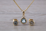 Real Aquamarine Earrings and Necklace Set, Solid 9ct Yellow Gold