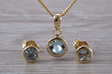 Real Aquamarine Earrings and Necklace Set, Solid 9ct Yellow Gold