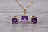 Real Amethyst Earrings and Necklace Set, Solid 9ct Yellow Gold