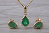Real Emerald Earrings and Necklace set, Solid 9ct Yellow Gold