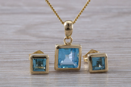 Real Topaz Earrings and Necklace Set, Solid 9ct Yellow Gold