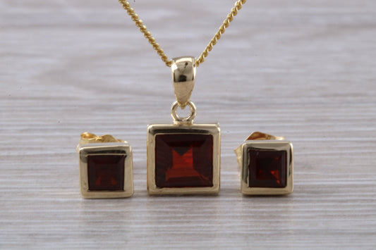 Real Garnet Earrings and Necklace Set, Solid 9ct Yellow Gold