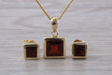 Real Garnet Earrings and Necklace Set, Solid 9ct Yellow Gold