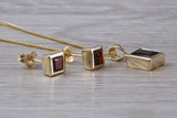 Real Garnet Earrings and Necklace Set, Solid 9ct Yellow Gold