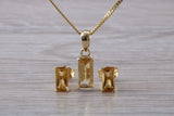 Real Citrine Earrings and Necklace Set, Solid 9ct Yellow Gold