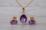 Real Amethyst Earrings and Necklace Set, Solid 9ct Yellow Gold