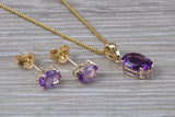 Real Amethyst Earrings and Necklace Set, Solid 9ct Yellow Gold