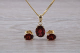 Real Garnet Earrings and Necklace Set, Solid 9ct Yellow Gold