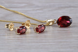 Real Garnet Earrings and Necklace Set, Solid 9ct Yellow Gold