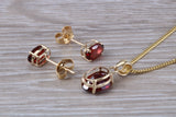 Real Garnet Earrings and Necklace Set, Solid 9ct Yellow Gold