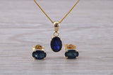 Real Blue Sapphire Earrings and Necklace Set, Solid 9ct Yellow Gold