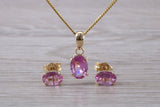 Real Pink Sapphire Earrings and Necklace Set Solid 9ct Yellow Gold