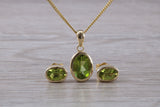 Real Peridot Earrings and Necklace Set, Solid 9ct Yellow Gold