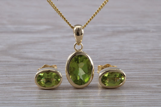 Real Peridot Earrings and Necklace Set, Solid 9ct Yellow Gold