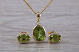 Real Peridot Earrings and Necklace Set, Solid 9ct Yellow Gold