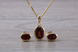 Real Garnet Earrings and Necklace Set, Solid 9ct Yellow Gold