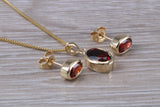 Real Garnet Earrings and Necklace Set, Solid 9ct Yellow Gold