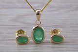 Real Emerald Earrings and Necklace Set, Solid 9ct Yellow Gold