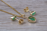 Real Emerald Earrings and Necklace Set, Solid 9ct Yellow Gold
