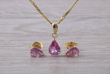 Real Pink Sapphire Earrings and Necklace Set, Solid 9ct Yellow Gold
