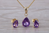 Real Amethyst Earrings and Necklace Set, Solid 9ct Yellow Gold