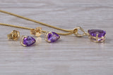 Real Amethyst Earrings and Necklace Set, Solid 9ct Yellow Gold