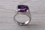 Elegant real Amethyst look ring, sterling silver set with cushion cut Amethyst C Z, very unusual design