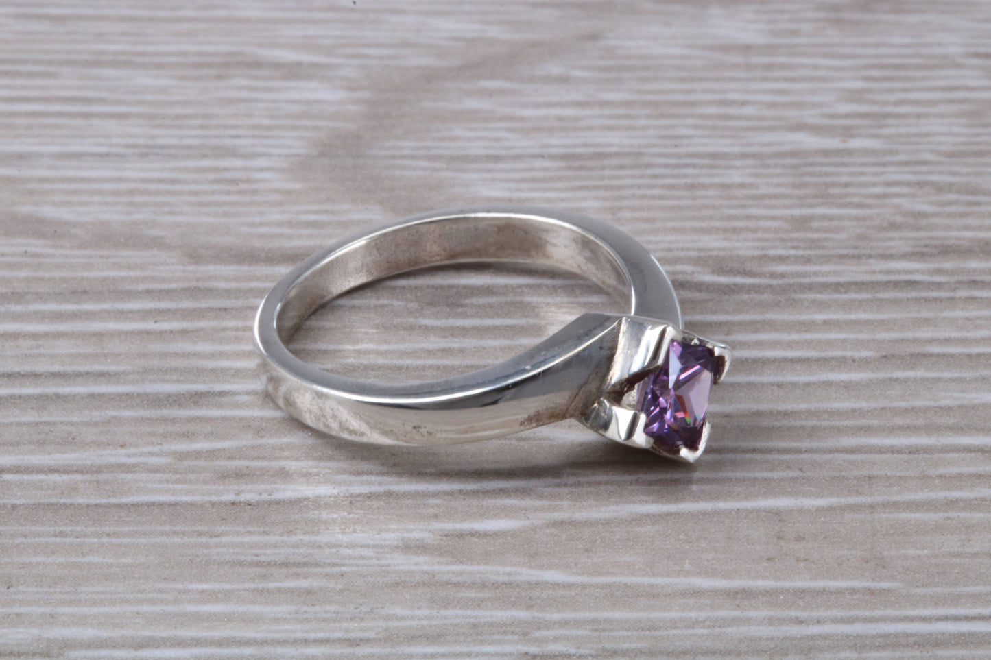 Amethyst ring, sterling silver set with Princess cut Amethyst Cubic Zirconia, Ideal promise, dress engagement ring