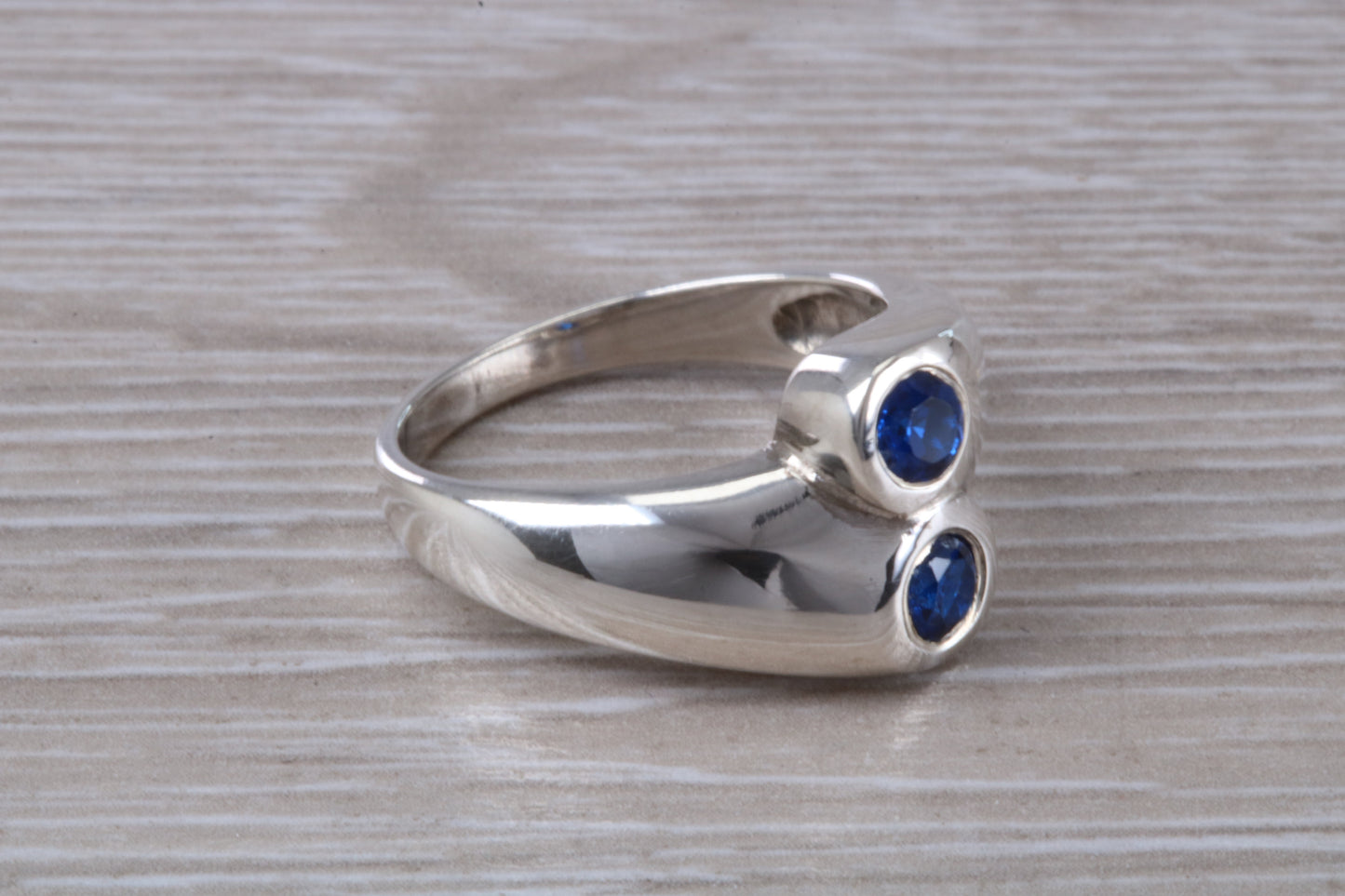 Chunky Blue Sapphire ring, sterling silver set with 2 round Blue Sapphire Cubic Zirconia, Ideal promise, dress engagement ring
