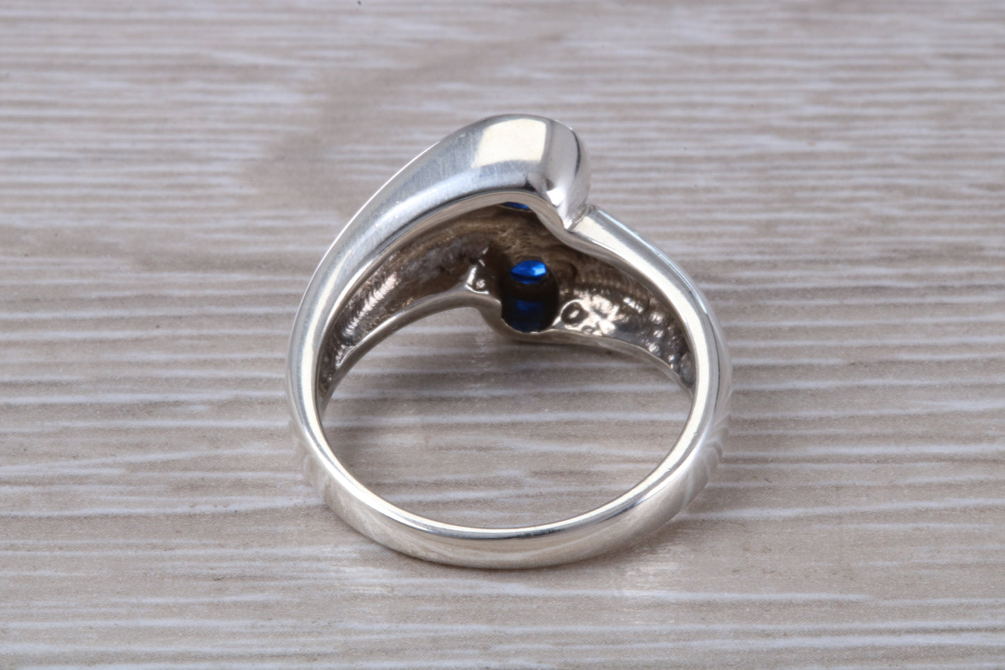Chunky Blue Sapphire ring, sterling silver set with 2 round Blue Sapphire Cubic Zirconia, Ideal promise, dress engagement ring