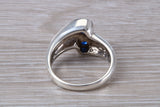 Chunky Blue Sapphire ring, sterling silver set with 2 round Blue Sapphire Cubic Zirconia, Ideal promise, dress engagement ring