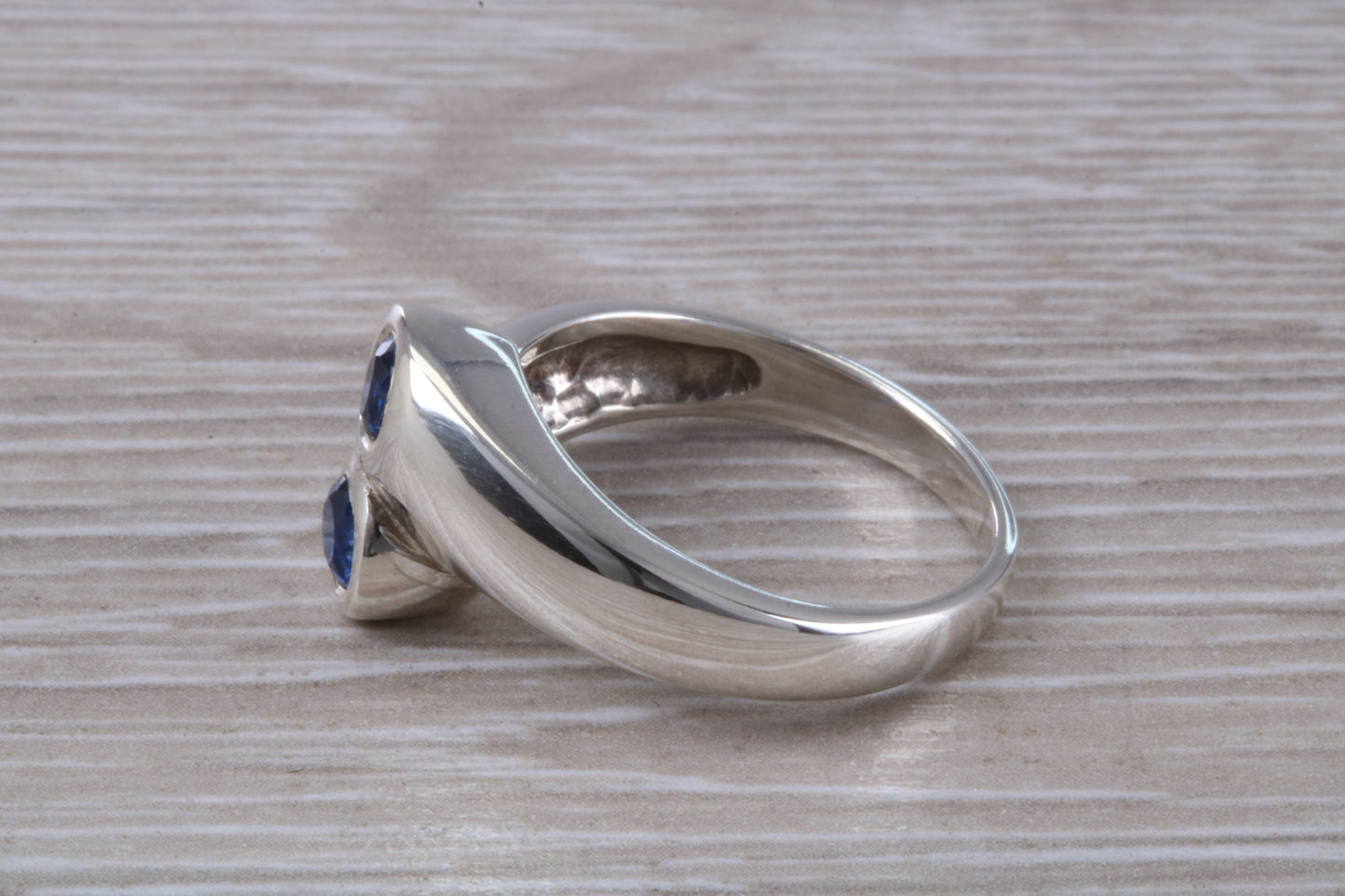 Chunky Blue Sapphire ring, sterling silver set with 2 round Blue Sapphire Cubic Zirconia, Ideal promise, dress engagement ring